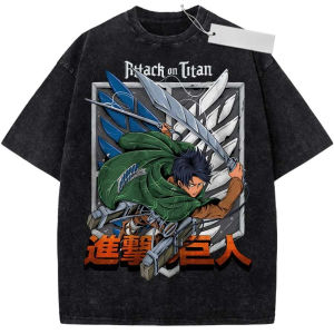 Bandai | Vintage Washed Attack on Titan T-Shirt Distressed Eren Yeager Anime Print Loose Fit Streetwear Tee Casual Daily Campus Home