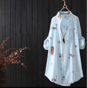 เสื้อเชิ้ตผู้หญิงแขนยาวป้องกันแสงแดดพิมพ์ลายใหม่ปี 2023 ทรงหลวม ปกโปโล กระดุม ผ้าผสมคอตตอนและวัสดุอื่นๆ