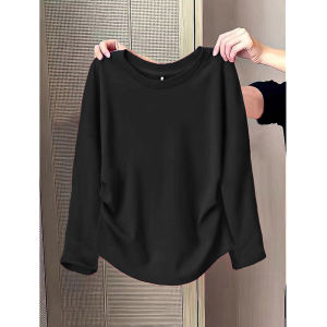 Red Pure Cotton Base Shirt Womens Slim Fit High Waist Long Sleeve T-Shirt Spring Commute Korean Style Printed Youthful Thickened