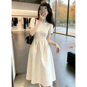 BIFEIMENG | Đầm Dài Tay Ngắn Cổ Tròn Phong Cách Pháp Elegance Chống Lão Hóa Màu Trắng