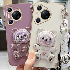 Phone Case Huawei Pura 80 Pro Pura80 Ultra Casing Hot New Design Electroplated Silicone Soft Cover with Cute Cartoon Quicksand Bear Stand and Lanyard 2025