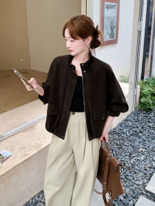 Café Brown Vintage Stand Collar Short Jacket Womens Fashion Slimming Top Polyester Fiber Long Sleeve Zipper Closure Casual Wear