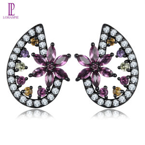 Lohaspie Jewelry Genuine 1.8 Carats Silver Earrings 925 Original Natural Rhodolite Garnet Stud Earring Multicolor Gemstone 925 Silver Earrings Stud Women Stud Earrings Jewelry