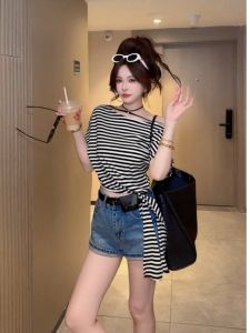 YUEZHONGWEI | Color Block Striped Irregular One Shoulder Asymmetrical Waist-Cinching T-Shirt