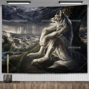 Emo White Wolf Sitting Meme Tapestry Werewolf Tapestries For Bedroom Printed Home Decoration Paintings Room Home Dorm Tapestry