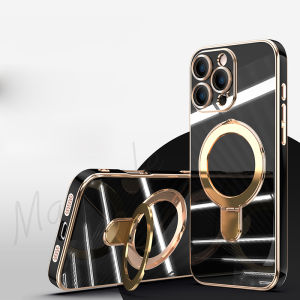 CrashStar Magsafe With Glass Lens Film Transparent Plating Shockproof Phone Case For Car Holder With Rotatable MagSafe Stand For iPhone 16 15 14 Pro Max Plus 13 12 Pro Max Wireless Charging Phone Casing Silicone Soft Edge Anti-fall Cover Shell