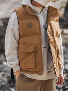 Japanese Style Mens down Cotton Vest Winter Outdoor Workwear Loose Fit Sleeveless Jacket with Large Pockets Youth Fashion