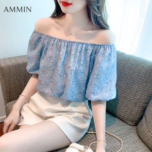 AMMIN ชุดเดรสแขนพองลายดอกไม้สำหรับผู้หญิงอารมณ์แฟชั่นสไตล์เกาหลีเสื้อเชิ้ตลายดอกหวานใหม่เสื้อผ้าชีฟองฤดูร้อน