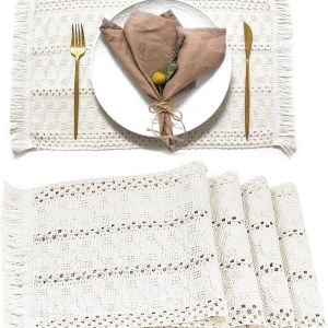 2pcs/4pcs Boho Placemats Macrame Table Decor with Fringe Farmhouse Woven Placemats in Natural Burlap for Kitchen Dining Table