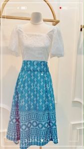 TW22044 Set 2 ชิ้น เสื้อลูกไม้แขนพอง + กระโปรงยาวลายไทย..