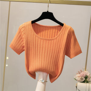 เสื้อยืดแขนสั้นผ้าไหมน้ำแข็งสีขาวสำหรับผู้หญิงในช่วงฤดูร้อน ทรงเข้ารูปเอวสูง ทรงเข้ารูป ทรงเข้ารูป เสื้อยืดแขนสั้น