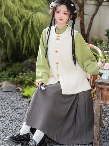 Original Spring Hanfu YiZhou Ji with Stand Collar Bow Bag Sleeve round Neck Short Ma Face Skirt Daily Double Layer Versatile Ming Dynasty Style