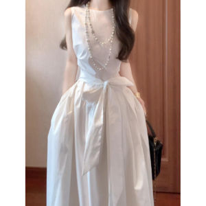 NIUVIES | French Style White Sleeveless Dress Waist Slimming Belted