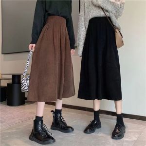 Womens Corduroy Midi Skirts Vintage Brown Black High Waist Long Skirts Female 2022 Autumn Korean Fashion A-Line Skirt