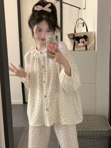 ลายดอก ชุดนอน ชุด ผู้หญิง เสื้อผ้าบ้านคอกลมแขนยาว หวาน ลูกไม้ Trim กางเกง ใส่สบาย น้ำหนักเบา โพลีเอสเตอร์