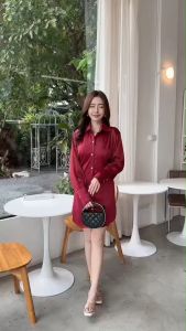 SG600  เดรสคอปกเชิ้ตย่นไหล่ สายผูกหน้าหรือหลังก็ได้ื ใส่ได้ทุกโอกาส งานเเต่งกระดุมทองปลายเเขน