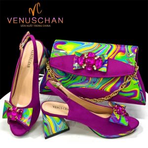 Giày Cao Gót Quai Hở Mũi Màu Tím Thanh Lịch Venus Chan 2024 Đính Đá Pha Lê Kiểu Ý Kèm Túi Xách Thời Trang Nữ
