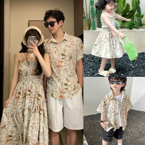 Fashionable Floral Off-Shoulder Dress Family Matching Summer Vacation Beach Casual Cotton Blend Mommy And Me Outfits for Three