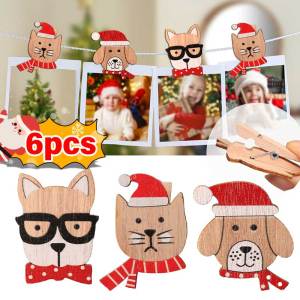 YESPERY คลิปหนีบที่เป็นไม้คริสต์มาส6ชิ้นคลิปหนีบรูปสุนัขแมวการ์ตูนวอลล์รูปภาพเครื่องประดับแบบหนีบบรรยากาศสำหรับต้นคริสต์มาสในบ้าน