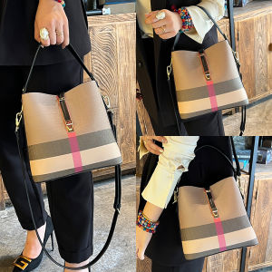 Fashionable Leather Bucket Bag Womens Handbag Shoulder Crossbody Bag Trendy Shopping Bag Soft Polyester Lining Interior Pockets