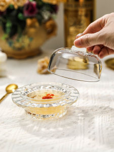 Elegant Home Use Glass Bowl with Lid for Soup Chinese Style Dessert Sweetened Soup Silver Ear Mushroom Porridge Set round Shape