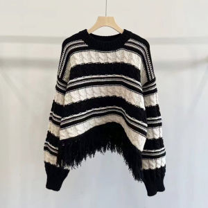 Spring Autumn Striped round Neck Tassel Knitwear Long Sleeve Color Block Womens Fashionable Sweater Warmth Comfortable Fit