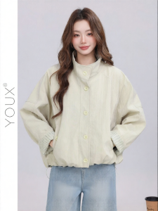 YOUXIANG | Áo Blouse Dáng Rộng Màu Xanh Lơ Retro Cổ Đứng