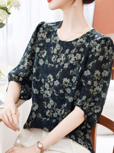 NVSHENJI | Summer New Round Neck Silk Shirt Womens Loose Fit Printed Korean Style Breathable Thin Five Sleeve Commute Friendly Top