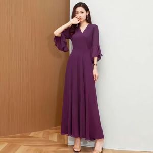 ชุดเดรสชีฟองพริ้วของผู้หญิงใหม่ ชุดเดรสยาวชายหาดวันหยุดเสื้อแขนทรัมเป็ตดีไซน์ บางขนาดพิเศษใหม่