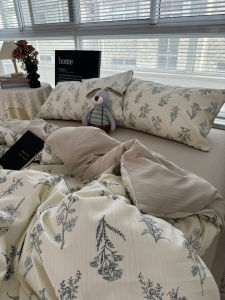 Country Girl Blooming Cotton Bubble Foam Three-Piece Student Bedding Set Floral Print Quilt Cover Sheet Pillowcase Bed Canopy