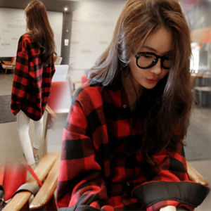 Autumn Spring Cotton Linen Plaid Shirt Red Large Size Casual Retro