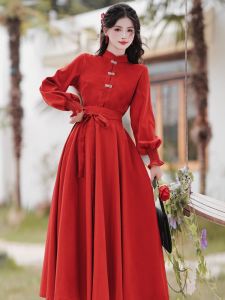 Red Buttoned New Chinese Style Top with Integrated Belted Mini Skirt Set Hanfu Dress Autumn Winter Fashion Womens Suit