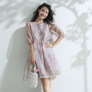 Miccbeirn | ชุดเดรสยาวปานกลางผ้าอีวิน 100% ลายพิมพ์ แขนฟอง กระโปรงทรงเอ คอตั้ง สไตล์เจ้าหญิง ชุดราตรี ฤดูร้อน ผ้าไหมหม่อน