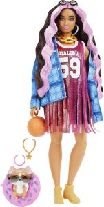 Barbie Extra Doll and Accessories with Pink-Streaked Crimped Hair in Jersey Dress with Pet Corgi HDJ46