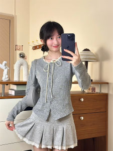 Miu Style Butterfly Knot Belted Open Cardigan Knitted Jacket Womens Sweet Short Gentle Lace Trim Long Sleeve T-Shirt