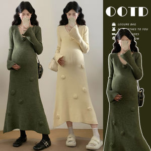 Pregnant Womens V-Neck Knitted Heavy Embroidery Dress