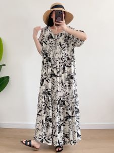 Summer Bohemian Style Womens Cotton Silk Dress Loose plus Size Flattering Big Hem Short Sleeve Beach Sun Protection Skirt