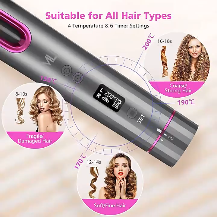 Portable wireless mini automatic cordless hair curler iron roller rotates 360 air curl 2 in 1 LCD USB MCH