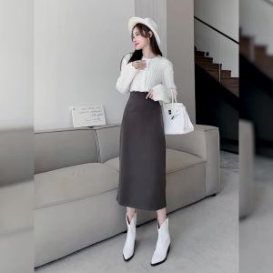 AMMIN Korean Style A- line Elegant Skirt Womens Autumn 2024 Mid-Length Versatile Zipper High Waist Back Slit Office Lady Sheath Skirt