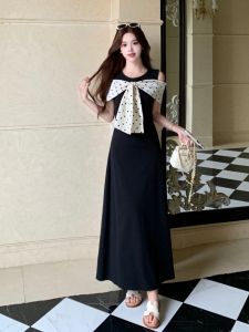 French Bow Dots Slimming Large Size Summer Maxi Dress
