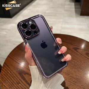【With Lens Film】KISSCASE Electroplated Water Diamond Glitter HD Transparent Clear PC Shell For iPhone 14 Pro Max Case 14 Plus 13 12 11 Pro Shockproof Back Cover