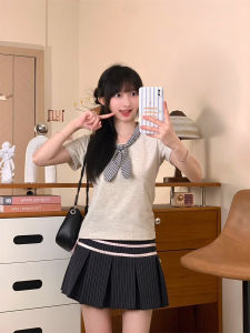 Áo Thun Nữ Tay Ngắn Cổ Bẻ Thắt Nút Bướm Phong Cách Hàn Quốc Áo Thun Cotton Mùa Hè Dáng Ôm Vừa Vặn Thiết Kế Ngắn