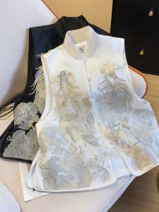 Black Silver Thread Embroidery Retro Chinese Style Vest Womens Artistic Button Backless Tank Top Commute Autumn New Arrival