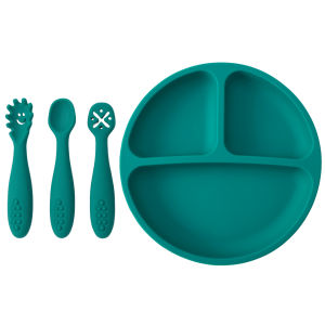 Color Kids 4PCS Silicone Baby Feeding Set BPA Free Suction Plate Training Utensils Easy Clean Toddler Tableware Dish Spoon Fork
