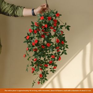 Artificial Tea Rose Vine Plastic Flower Decorative Plant Air Conditioner Pipe Cover Modern Style Wall Hanging Home Decor