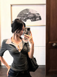 Áo Thun Tay Ngắn Đan Ren Kumikumi Pure Desire Dành Cho Nữ Mùa Hè Áo Polo Đa Năng Áo Thun Bó Sát Áo Thun Thường Ngày