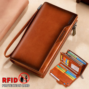 New Mens Genuine Leather Wallet Long Cowhide Handbag Travel Lightweight Minimalist Large Capacity Anti-Theft Gradient Yellow Br