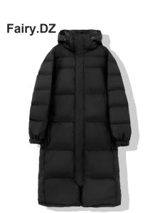 แจ็คเก็ตขนเป็ดสีดำ ทรงยาว ทรงหลวม สำหรับผู้หญิง ผู้ชาย ฤดูหนาว 2025 แจ็คเก็ตขนเป็ดแบบใหม่ สำหรับคู่รัก