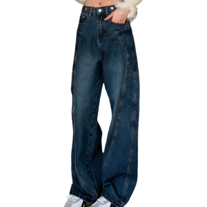 Autumn 2025 High Waist Slim Tapered Wide Leg Jeans Y2K Vintage Blue Denim Pants Dongdaemun Curved Hem for Women