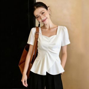 SHUAIYUE | Áo Thun Tay Ngắn Cổ Vuông Phong Cách Pháp Elegance Ôm Sát Trắng